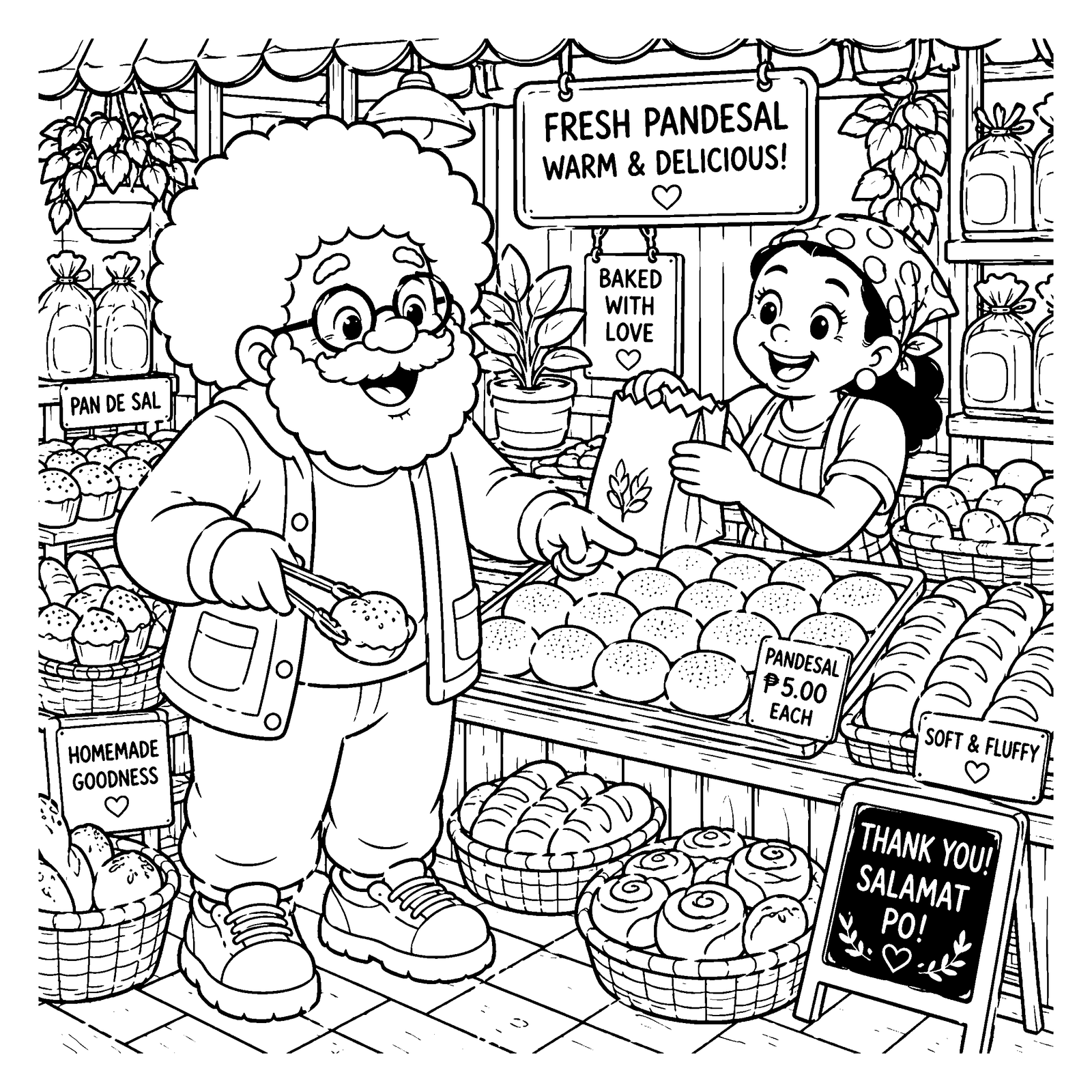 Line-art coloring page: LoLo Coco at the fish stall