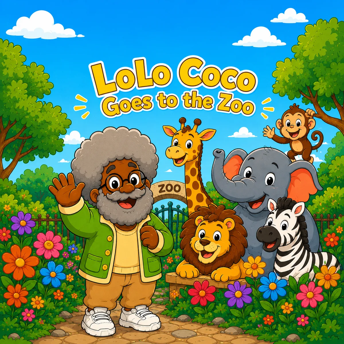 LoLo Coco, a cheerful grandpa with a big grey afro and round glasses, waving beside a giraffe, elephant, lion, zebra and monkey at the zoo